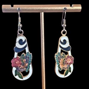 Floral Cloisonne Oval Earrings Drop Dangle Estate Pierced Metal Hook Attach